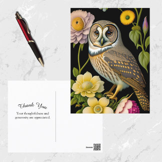 Uggla Gult Blommigt Artwork Tack Vykort