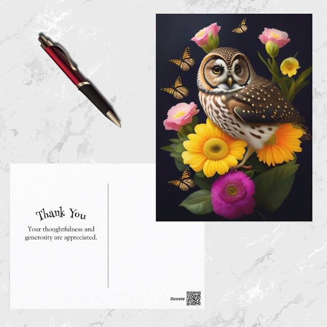 Uggla Gult Rosa Blommigt  Butterfly Illustration Vykort (Skapare uppladdad)