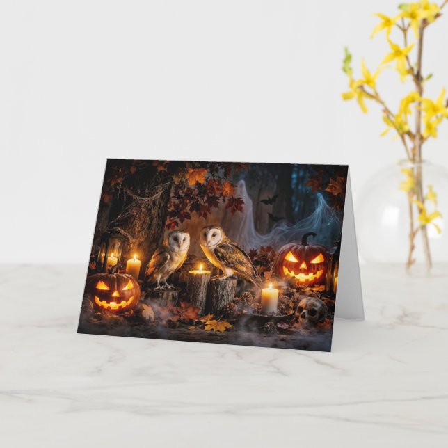 Uggla Halloween med ljus Jack O Lanterns Kort (Gul blomma)