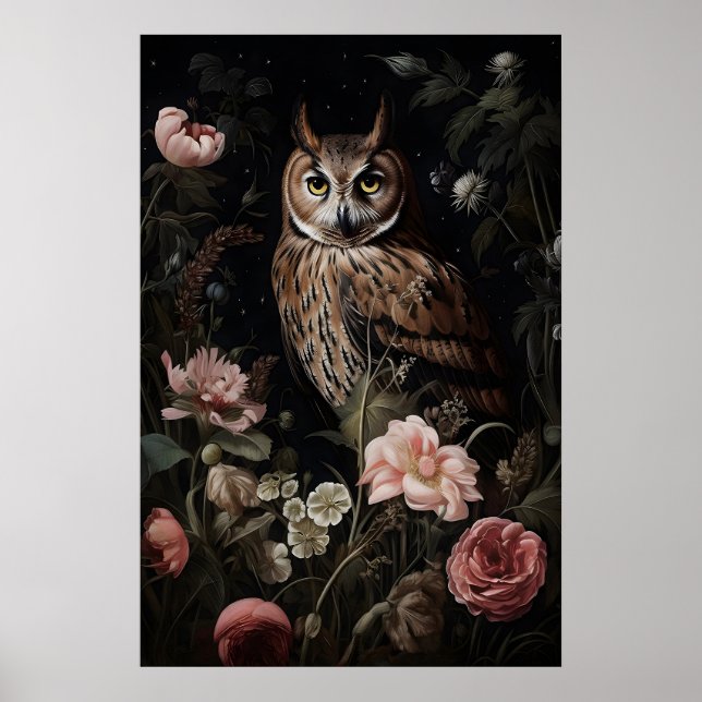 Uggla i blomma Utskrivbar, Porträtt Blommig uggla  Poster (Framsidan)