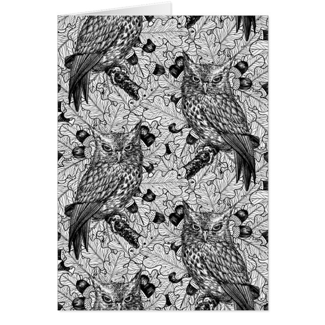 Uggla i eken träd, svart och vitt hälsningskort (Framsidan)