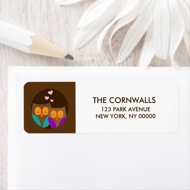 Uggla i ett bo returadress etikett (Insitu)