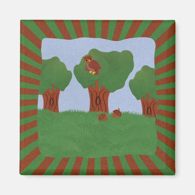 Uggla i Oak Träd Sunburst Design Magnet (Framsidan)