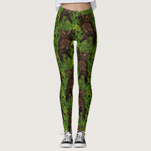 Uggla i träd, grönt och brunt leggings