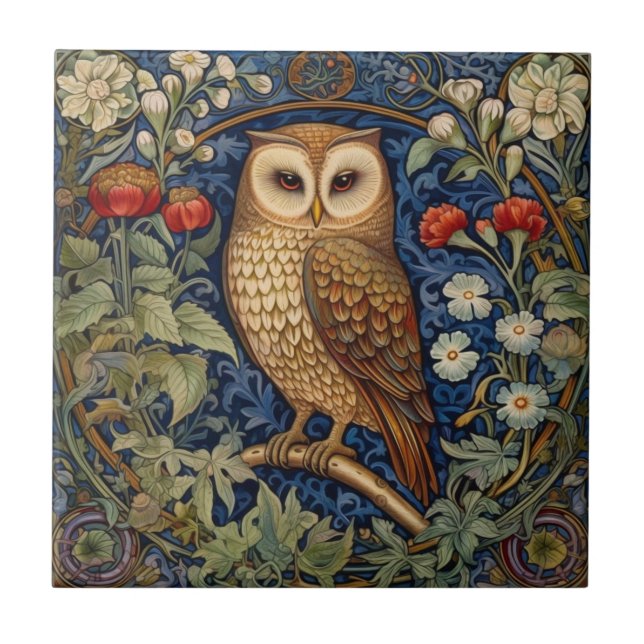 Uggla i trädgården William Morris stil Kakelplatta (Framsidan)