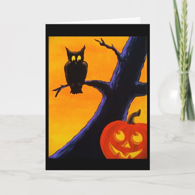 Uggla & Jack O'Lantern Halloween-hälsningskort Kort (Framsida)