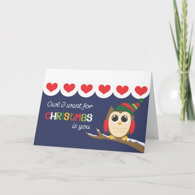 Uggla jag vill ha jul är Du Hearts Helgkort (Framsida)