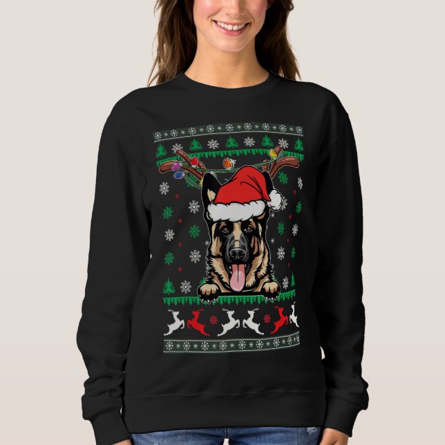 Uggla jul Tyska Shepherd Reindeer Light Julafton T Shirt (Framsida)