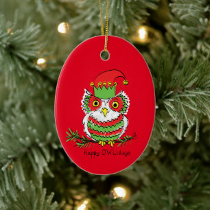 Uggla Juldag-Tecknad Julgransprydnad Keramik