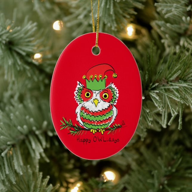 Uggla Juldag-Tecknad Julgransprydnad Keramik (Träd)
