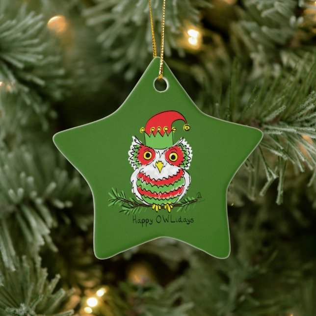 Uggla Juldag-Tecknad Julgransprydnad Keramik (Träd)
