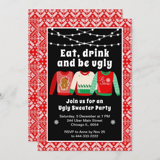 Uggla Julsötare Julfest Röd Inbjudningar (Fram/baksida)