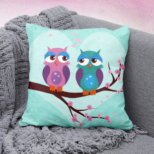 Uggla Kärlek i Vår Cute Tecknad Birds på Blue Kudde