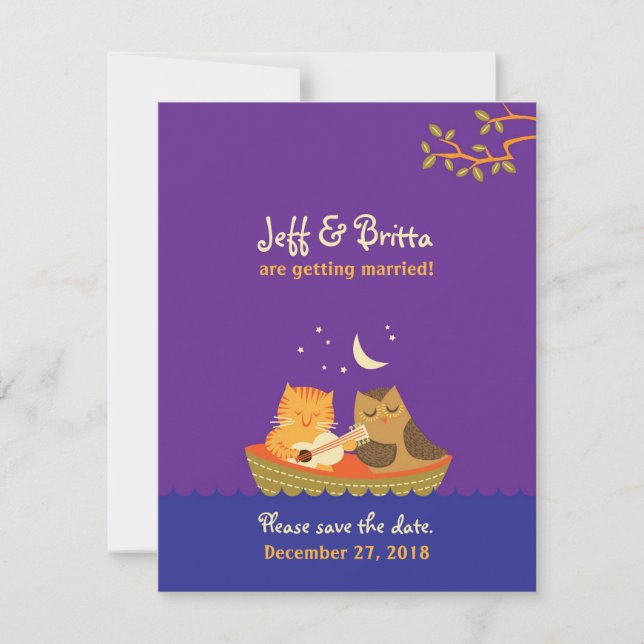 Uggla & Kattunge sparar datum (Lila och Blå) Inbjudningar (Framsida)