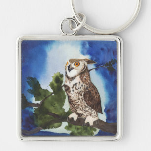 Uggla Keychain Fyrkantig Silverfärgad Nyckelring