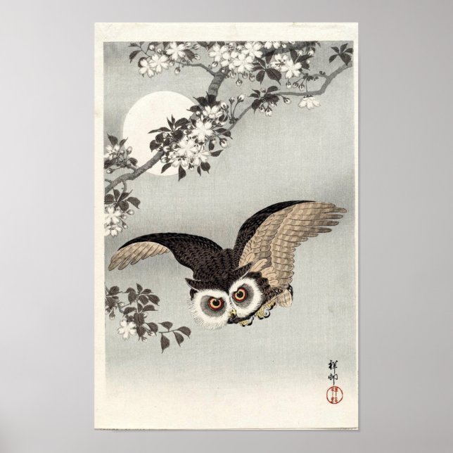 Uggla, Körsbärsblommor och Måne av Ohara Koson Poster (Framsidan)