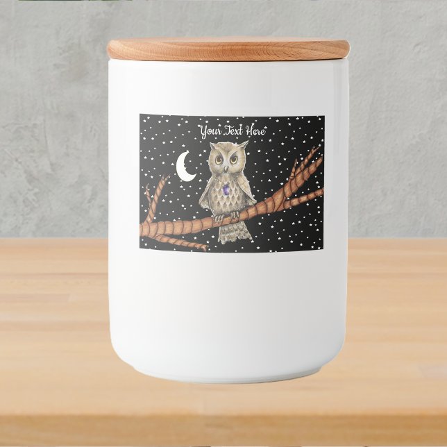 uggla Lila Crystal Necklace Golden Ögon Måne Stars Mat Etiketter (Owl golden eyes crystal necklace on branch moon stars in black night sky on food label.)