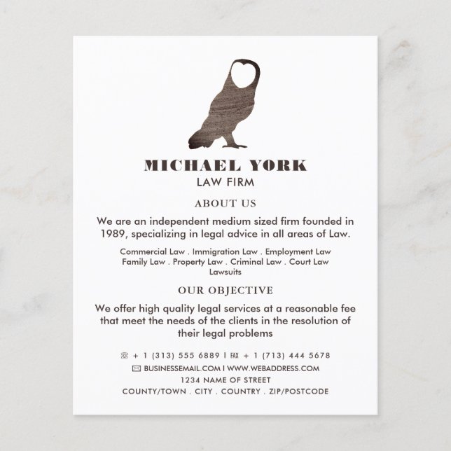 Uggla Logotyp, juridisk rådgivning Flygblad (Framsidan)