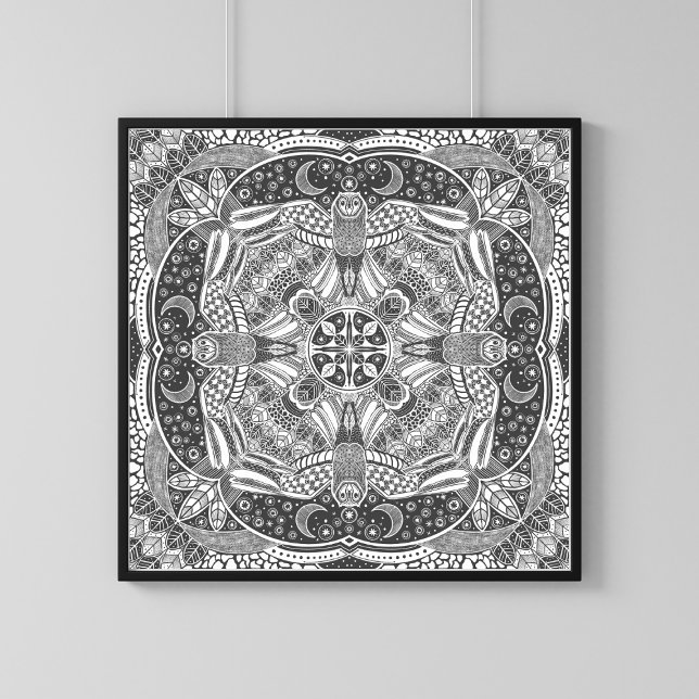 Uggla Mandala Magic Nature Art Skriv ut Poster (Nature Mandala Art  -  Choose Your Own Background Color by Editing Now!)