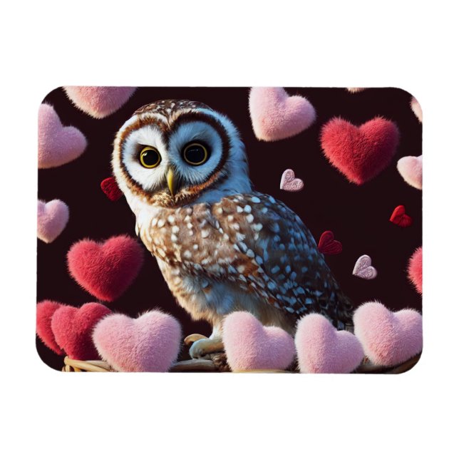 Uggla med Fuzzy Hearts Magnet (Horisontell)
