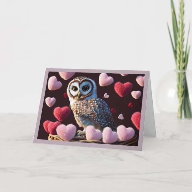 Uggla med Fuzzy Hearts Valentine Day Card Helgkort (Framsida)