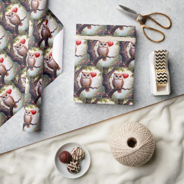 Uggla med rött hjärtballong presentpapper (Hantverk)