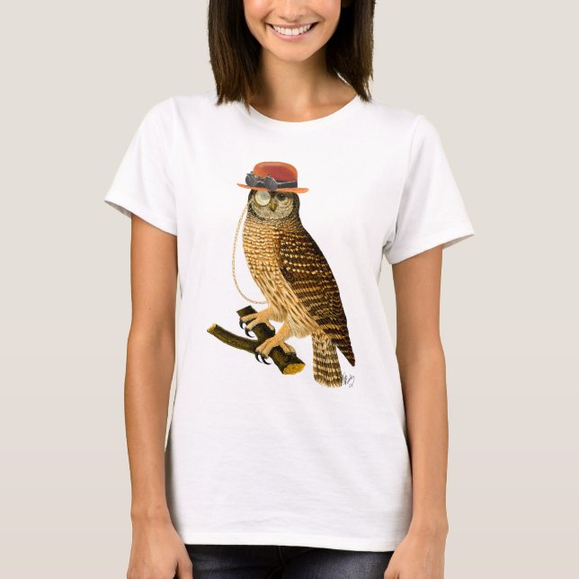 Uggla med Steampunk Stil Bowlareare Hat Tee (Framsida)