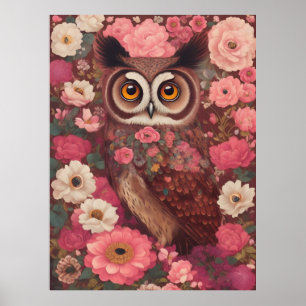 Uggla med stora ögon framför blommor #3 poster