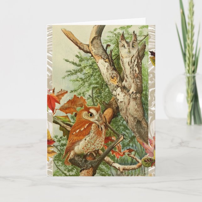 UGGLA MELLAN HÖST LÖV I WOODLAND HELGKORT (Framsida)