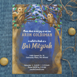 Uggla, Misty Forest, Blue, Beige Pub Mitzvah Inbju Inbjudningar