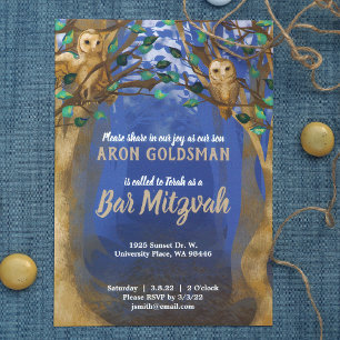 Uggla, Misty Forest, Blue, Beige Pub Mitzvah Inbju Inbjudningar