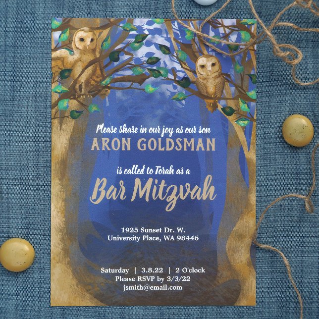 Uggla, Misty Forest, Blue, Beige Pub Mitzvah Inbju Inbjudningar (brown, blue rustic forest owls in trees, leafy green bar mitzvah invitations, young man's birthday)