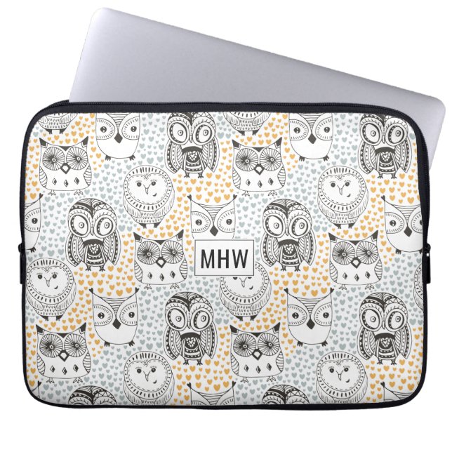 Uggla Mönster anpassningsbar monogram laptop sleev Fodral (Framsidan)