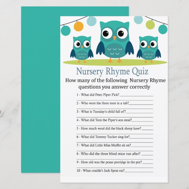 Uggla Nursery Rhyme Quiz babyduschspel (Fram/baksida)