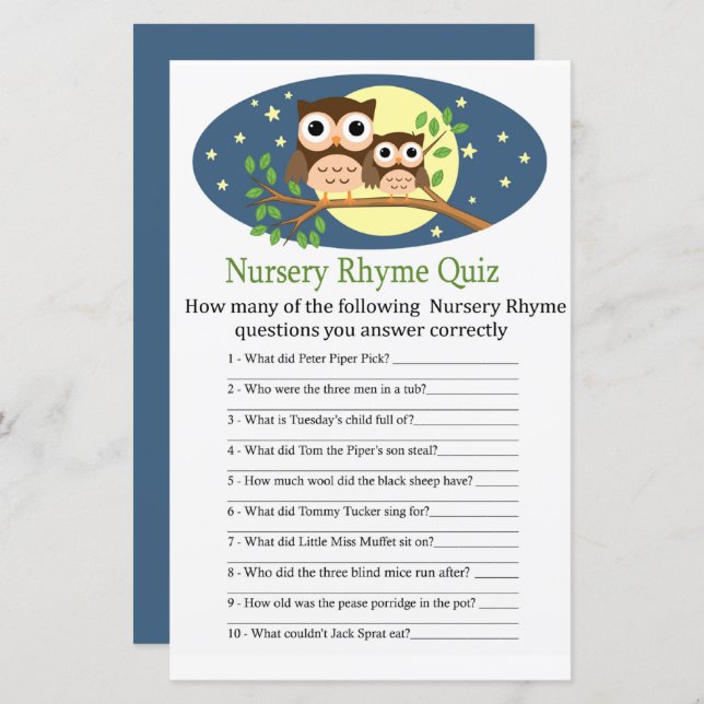 Uggla Nursery Rhyme Quiz babyduschspel (Fram/baksida)
