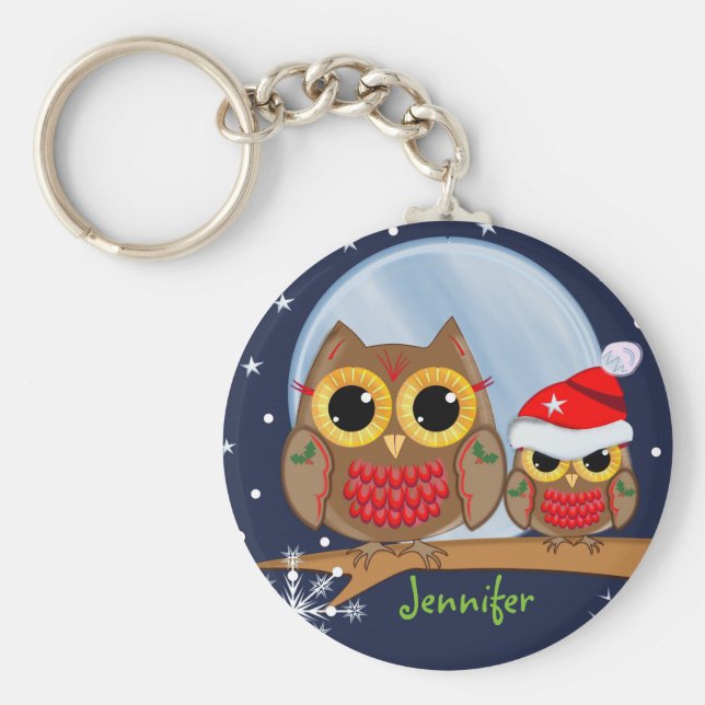 Uggla och anpassat namn för ljus jul nyckelring (Framsidan)