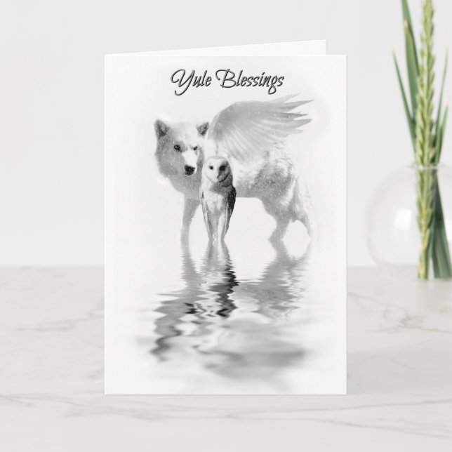 Uggla och bevingad varg Vinter Solstånd Yule Kort (Framsida)