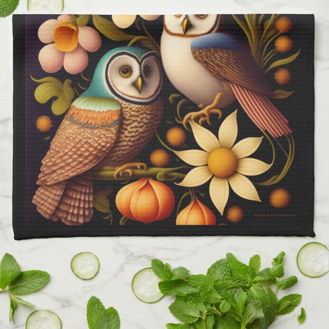 Uggla och blommor | Modern Haeckel Kökshandduk (Vikta)