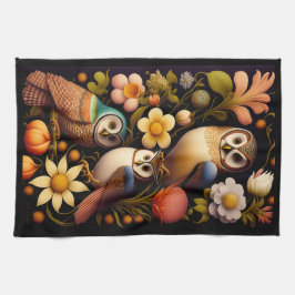 Uggla och blommor | Modern Haeckel Kökshandduk