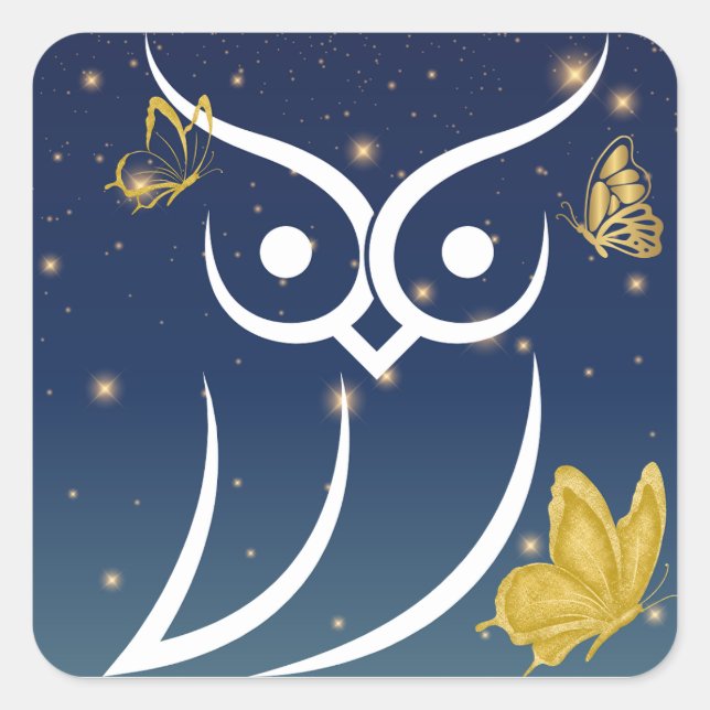 Uggla och Butterflies Fyrkantigt Klistermärke (Framsida)