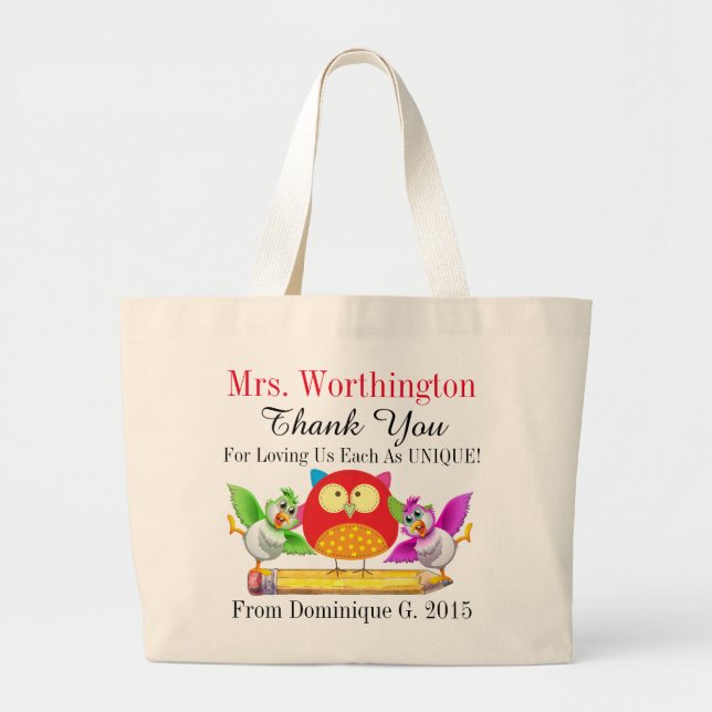 Uggla och Cute Bird Teacher Tack Tote Bag Jumbo Tygkasse (Framsidan)