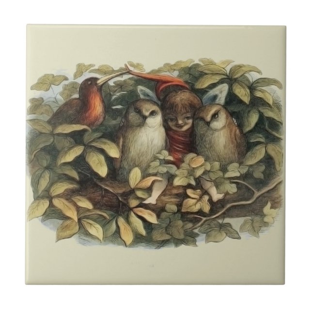 Uggla och Elf-Älvor Naturillustration Kakelplatta (Framsidan)