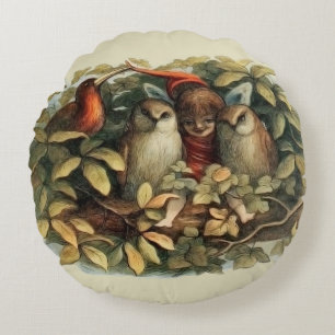 Uggla och Elf-Älvor Naturillustration Rund Kudde