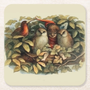 Uggla och Elf-Älvor Naturillustration Underlägg Papper Kvadrat