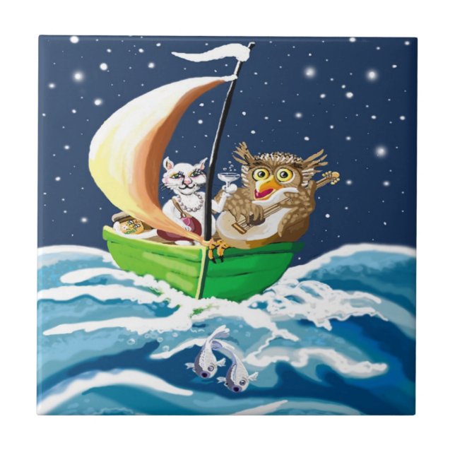 Uggla och pusycat Edward Lear Kakelplatta (Framsidan)