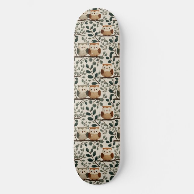 Uggla och skogslövsmönster mini skateboard bräda 18,5 cm (Framsida)