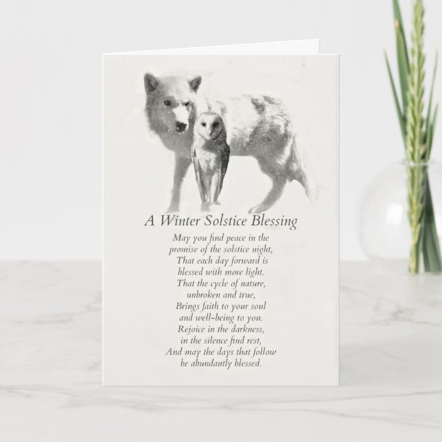 Uggla och Varg i Snö Winter Solstice Blessings Kort (Framsida)