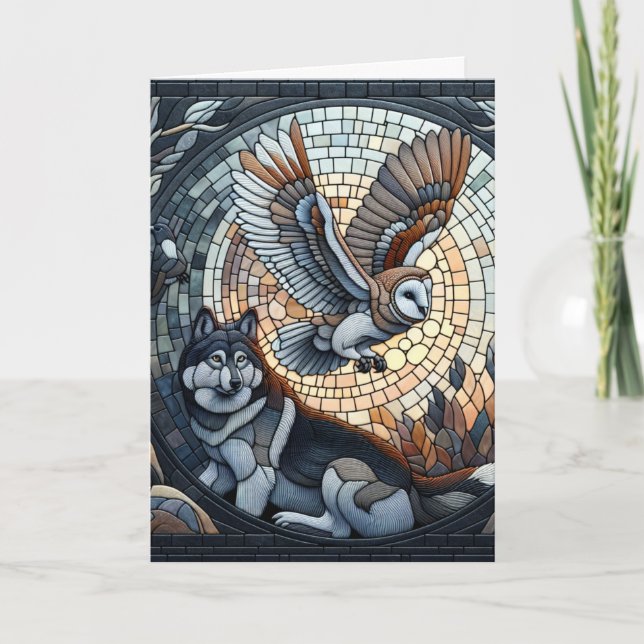 Uggla och Varg Mosaic Ai Art | GRATTIS PÅ FÖDELSED Kort (Framsida)