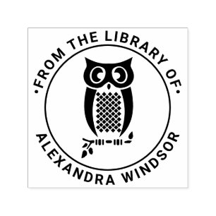 Uggla på gren bibliotek boknamn självfärgande stämpel