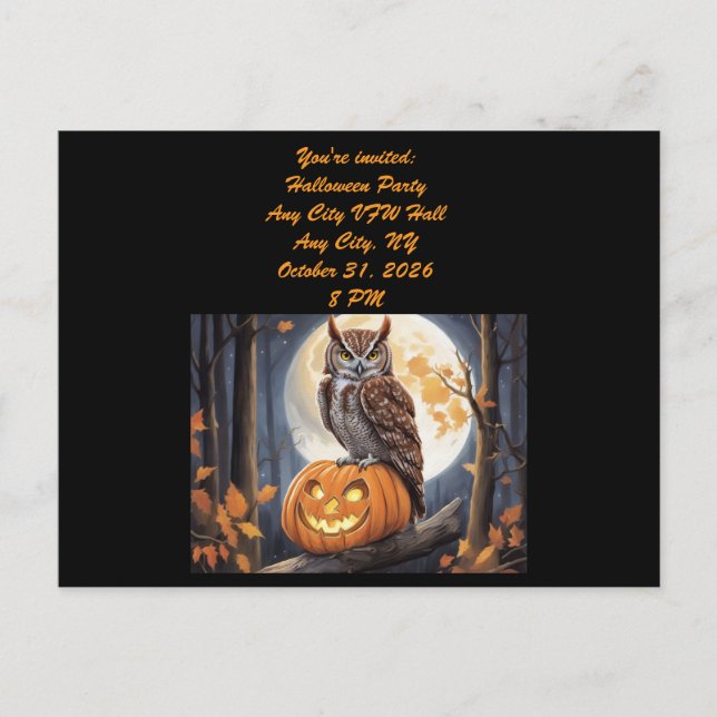 Uggla på Jack-o-Lantern Halloween-inbjudan Inbjudan Vykort (Framsida)